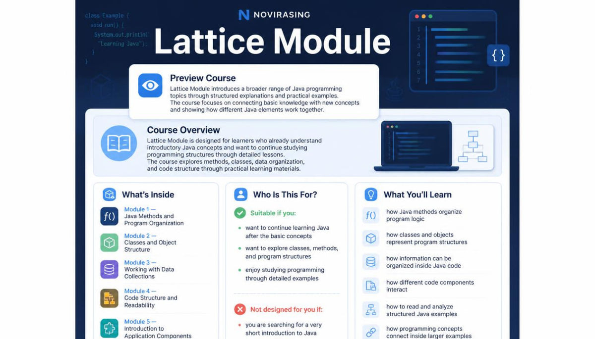 A promotional infographic for the Novirasing Lattice Module, featuring a dark blue header with the Novirasing logo and title, and a light blue course overview panel detailing course content, learning outcomes, and module topics.