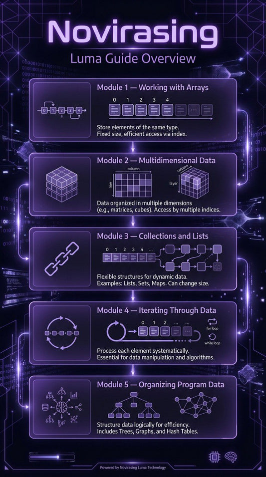 Luma Guide Overview for Novirasing with module descriptions on a futuristic interface.