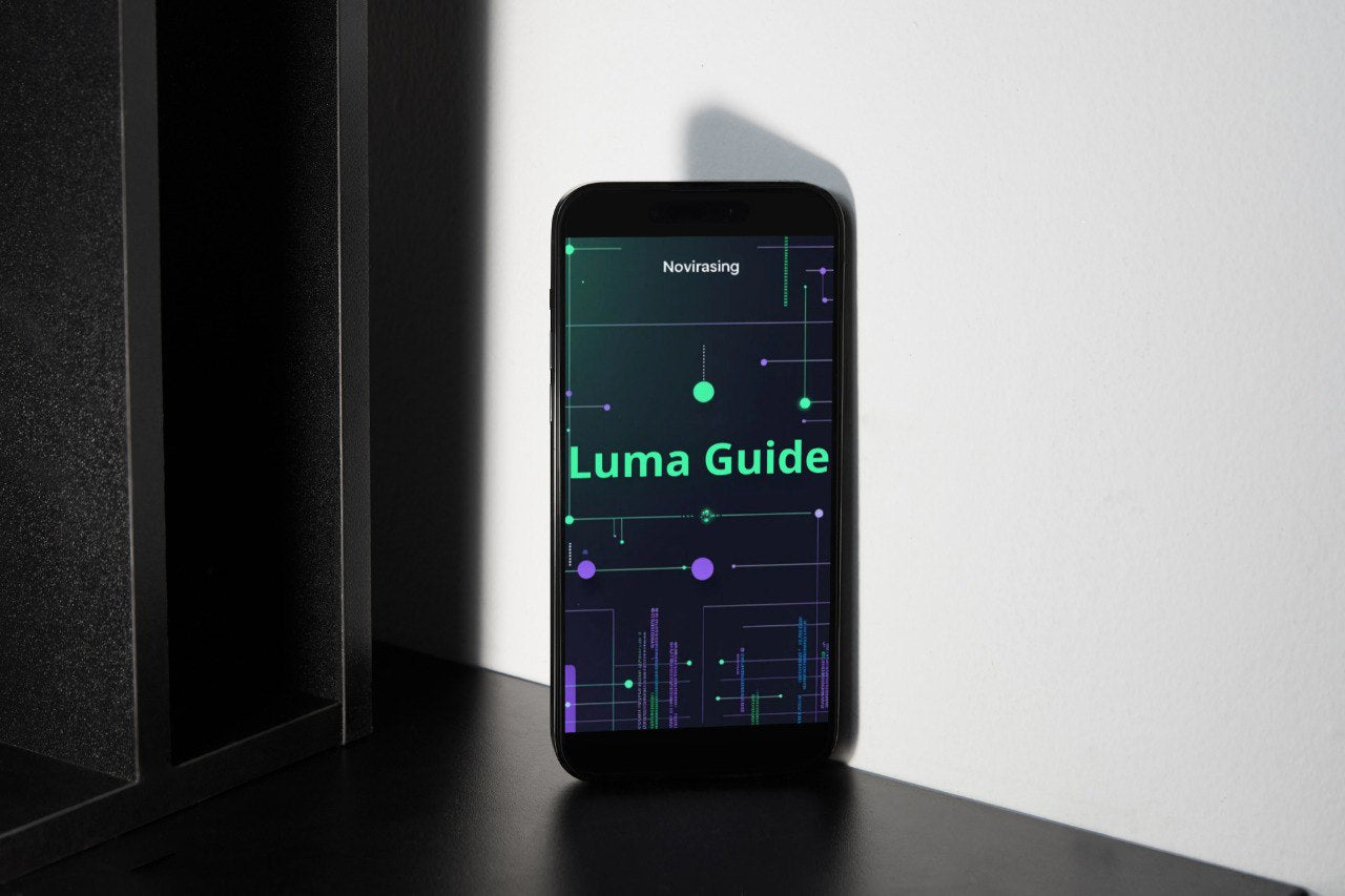 Smartphone displaying 'Luma Guide' app on a dark surface with a light gray background