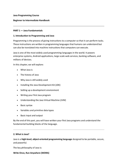 Text document on Java programming course with chapter headings and introductory content.