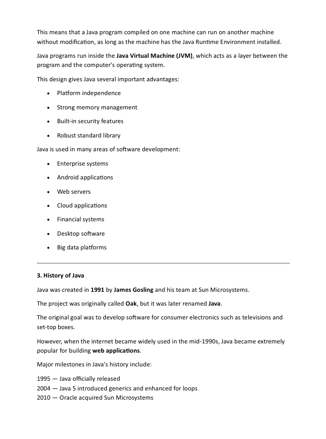 Text document about Java programming language and its history on a white background