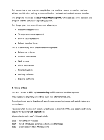 Text document about Java programming language and its history on a white background