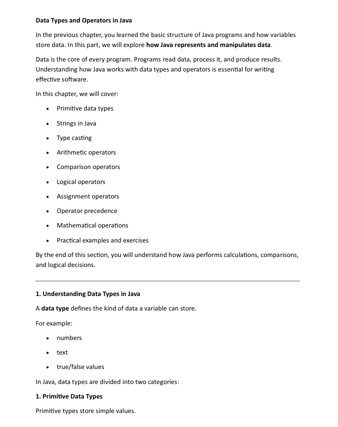 Text document on data types and operators in Java