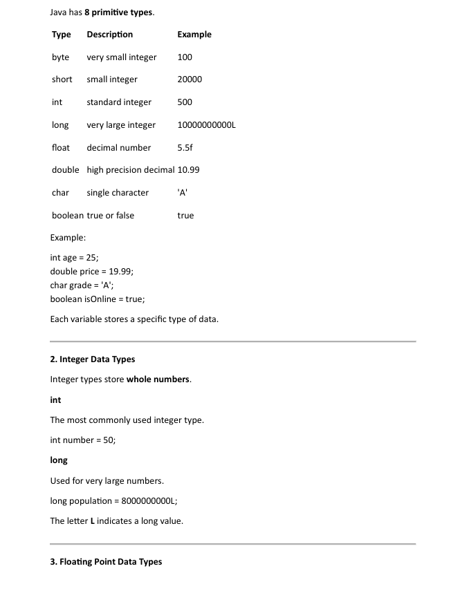 Table of Java primitive data types with examples on a white background