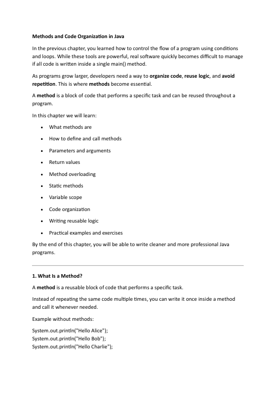Text document on methods and code organization in Java