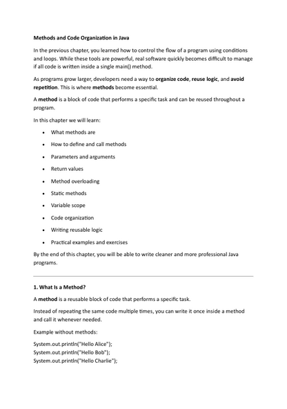 Text document on methods and code organization in Java