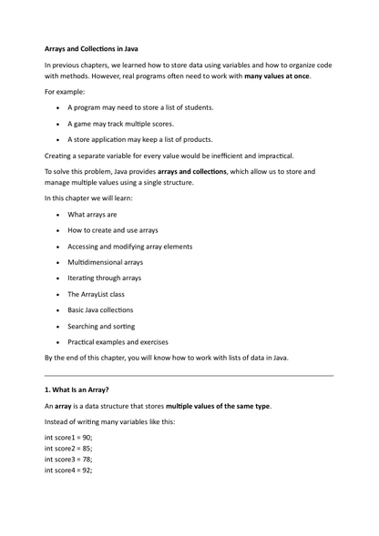Text document on arrays and collections in Java with a white background