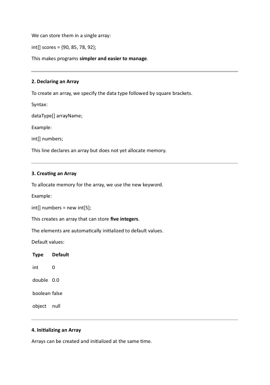 Text document explaining array declaration, creation, and initialization in a programming context.