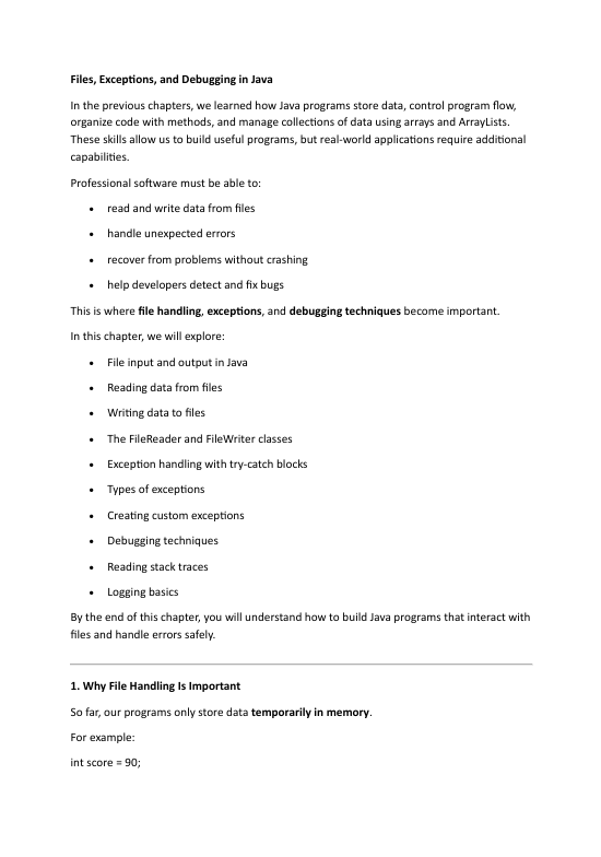 Text document on file handling, exceptions, and debugging in Java