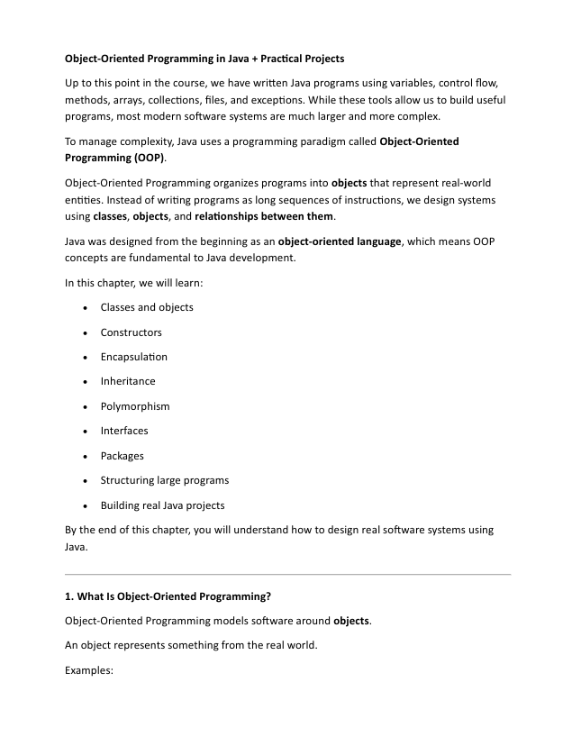 Text document on Object-Oriented Programming in Java with a white background