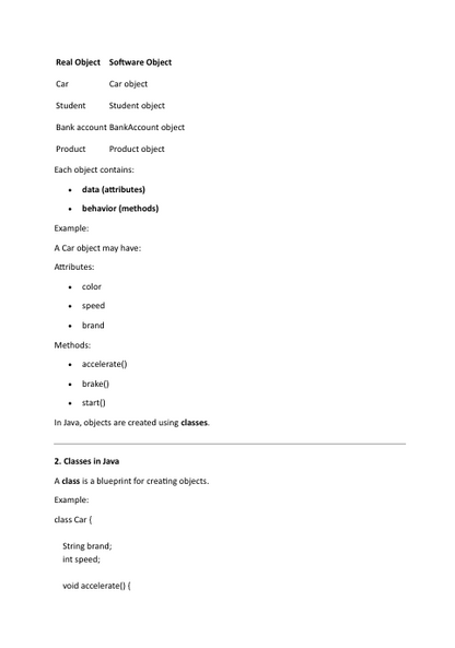 Sheet of paper with text on object-oriented programming concepts, including real objects and software objects.