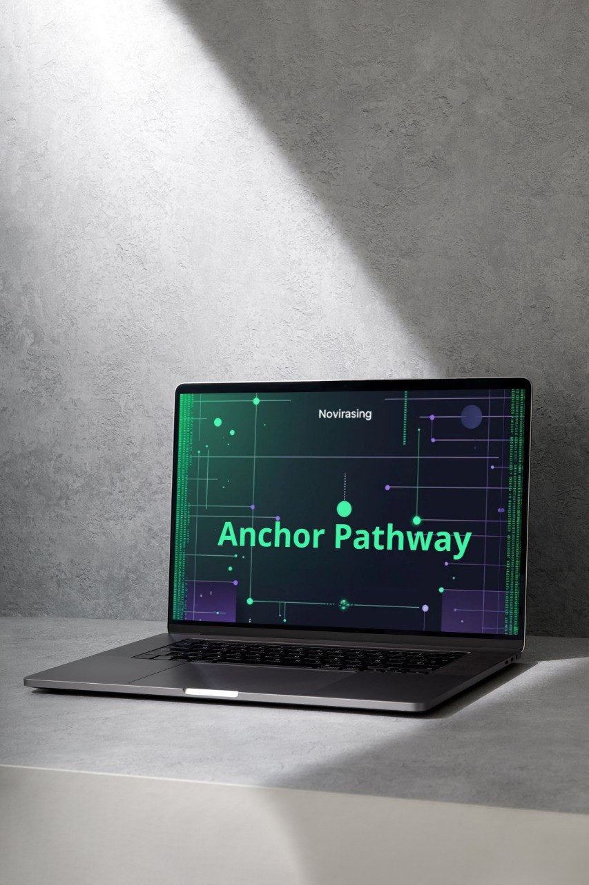 Laptop on a gray surface with 'Anchor Pathway' displayed on the screen against a gray background