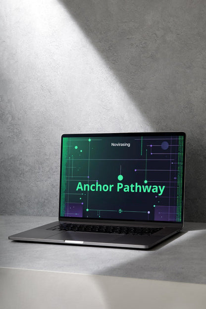 Laptop on a gray surface with 'Anchor Pathway' displayed on the screen against a gray background