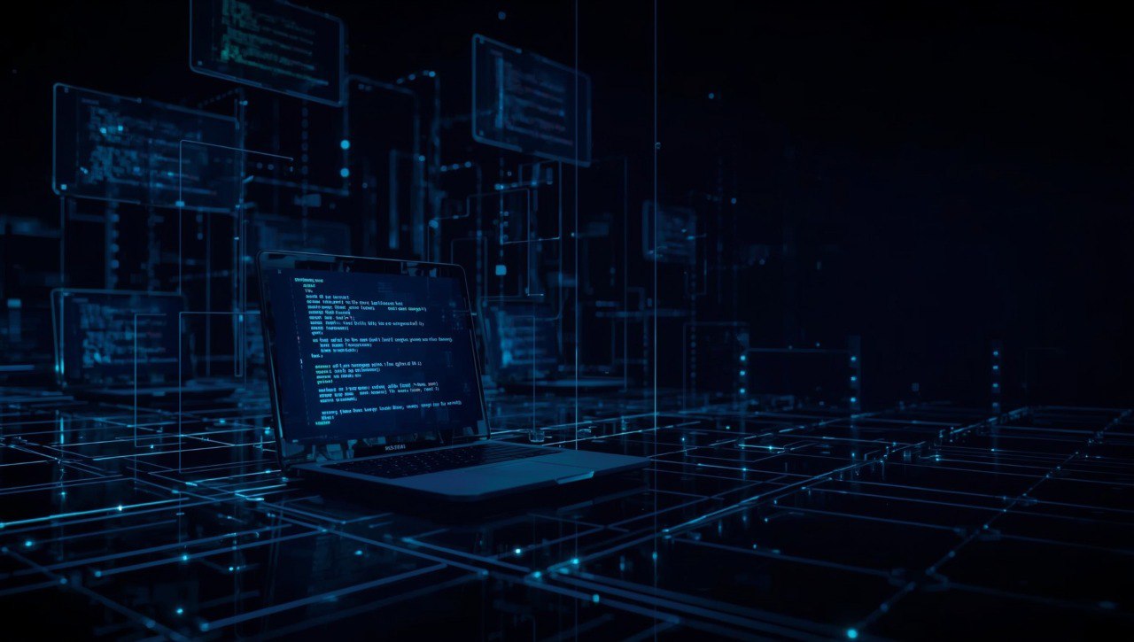 Laptop with code on screen surrounded by digital interfaces in a dark, futuristic setting