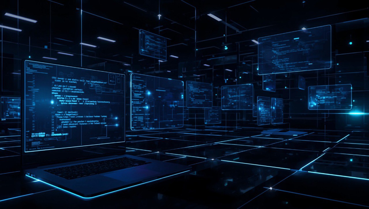 Digital room with multiple computer screens displaying code and data