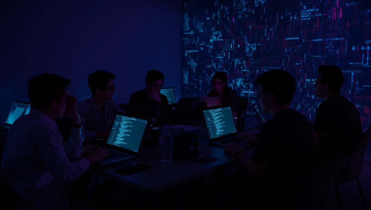 People working on laptops in a dark room with digital code displayed on a screen.