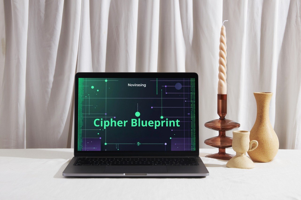 Laptop displaying 'Cipher Blueprint' on a white surface with decorative items.
