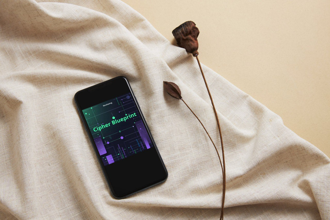 Phone displaying 'Cipher Blueprint' app on a beige fabric background with a dried flower.