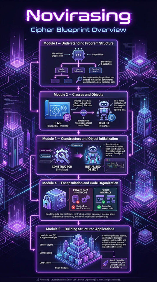 Novirasing Cipher Blueprint Overview with technical diagrams on a dark background