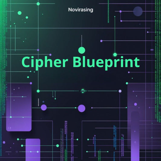 Cover of 'Cipher Blueprint' by Novirasing with digital design elements on a dark background.