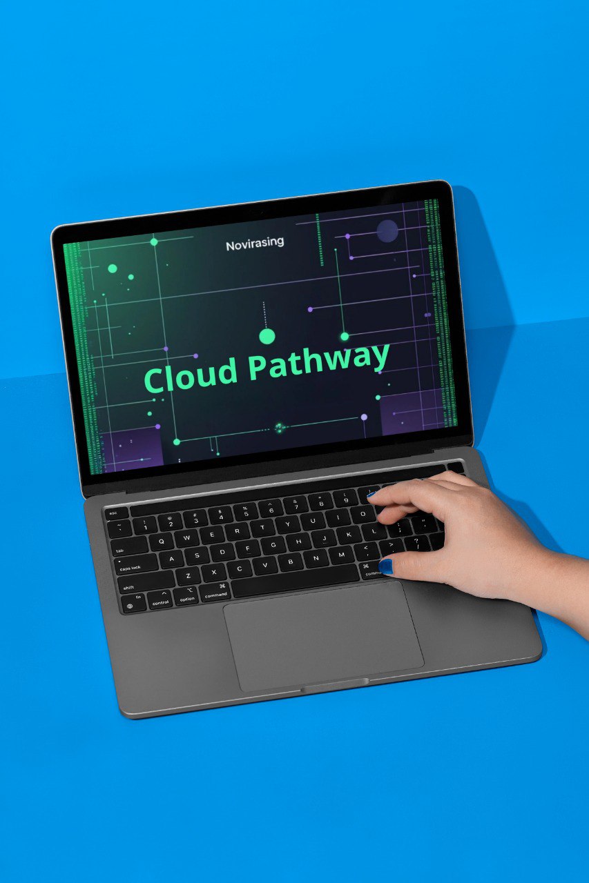 Person using a laptop with 'Cloud Pathway' on the screen against a blue background