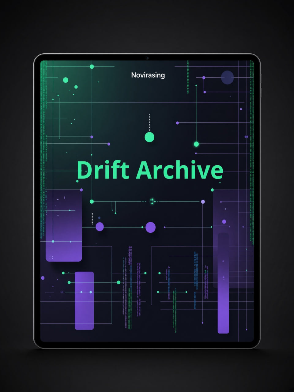 A tablet device centered on a dark background, displaying a digital cover design with the text 'Novirasing' and 'Drift Archive' in bright green and purple over a dark abstract graphic.