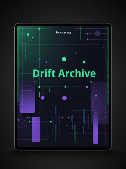 A tablet device centered on a dark background, displaying a digital cover design with the text 'Novirasing' and 'Drift Archive' in bright green and purple over a dark abstract graphic.