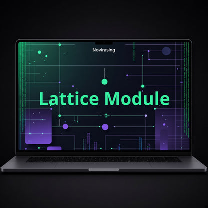 A silver laptop on a black background displaying a digital interface with the text 'Novirasing' and 'Lattice Module' in glowing green and purple graphics.