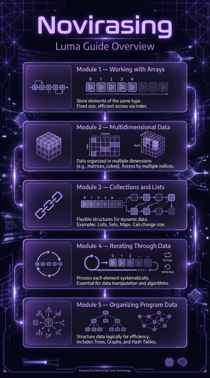 Luma Guide Overview for Novirasing with module descriptions on a futuristic interface.