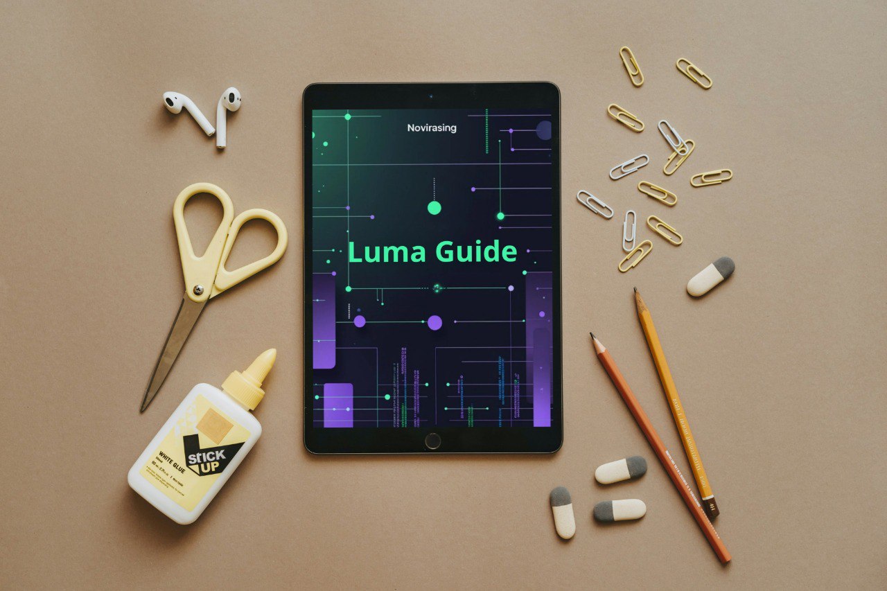 Tablet displaying 'Luma Guide' with stationery items on a brown background