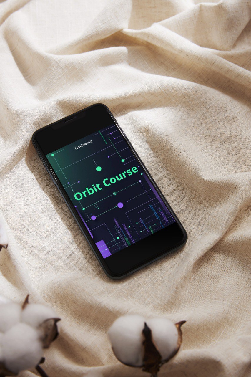 Smartphone displaying 'Orbit Course' app on a textured fabric background