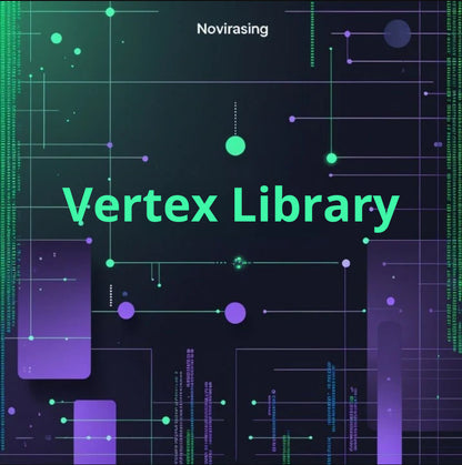 Digital cover art for 'Vertex Library' by Novirasing, featuring a dark background with glowing green and purple digital network lines, nodes, and vertical streams of binary code.