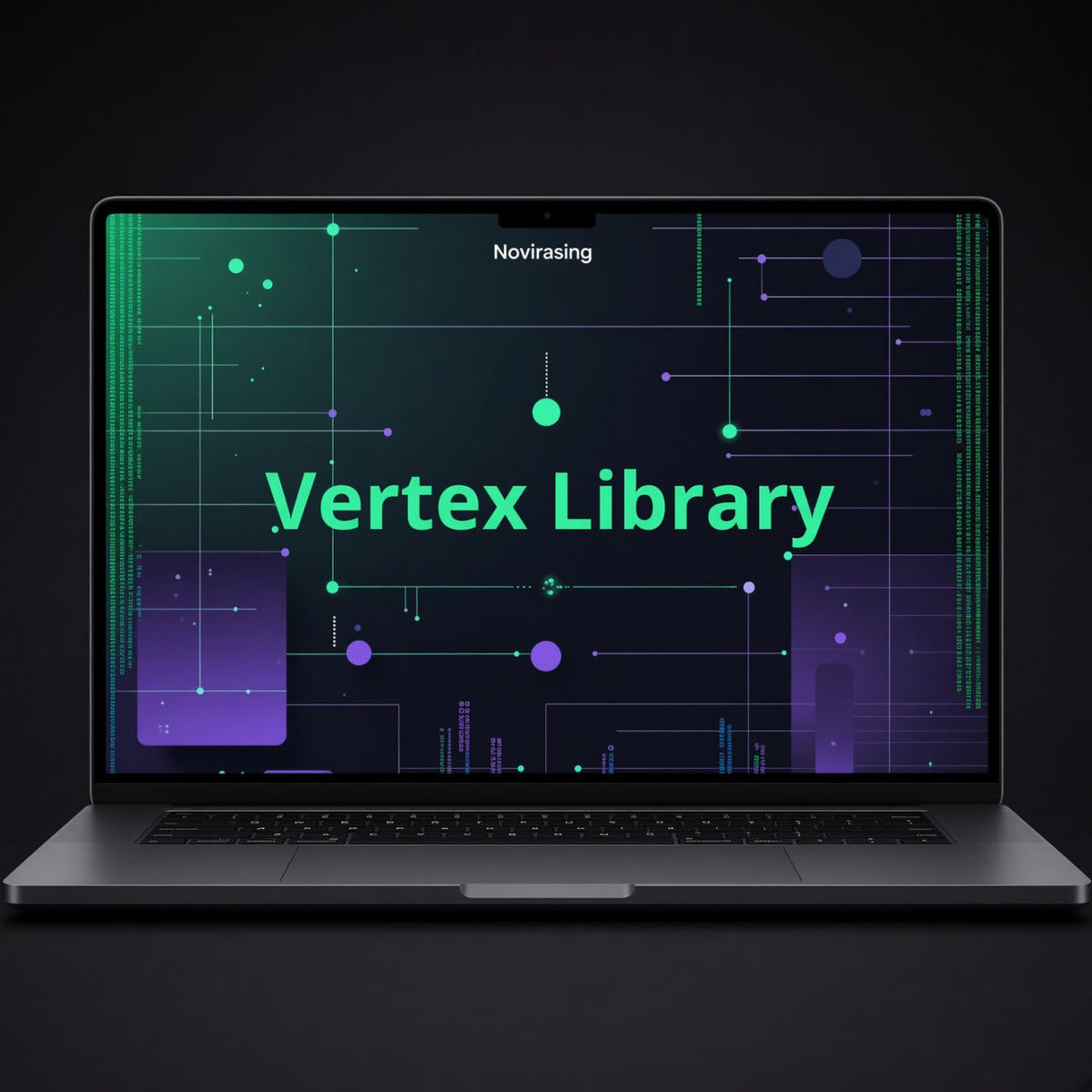 A dark gray laptop on a black background, displaying a digital interface with the text 'Novirasing' and 'Vertex Library' in bright green and purple on the screen.