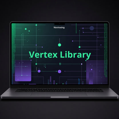 A dark gray laptop on a black background, displaying a digital interface with the text 'Novirasing' and 'Vertex Library' in bright green and purple on the screen.