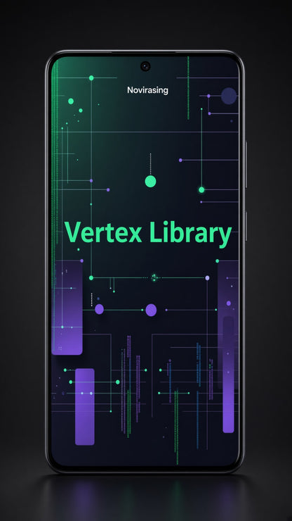 A smartphone shown from the front on a dark background, displaying a digital interface with the text 'Novirasing' and 'Vertex Library' in bright green and purple on a dark abstract graphic.
