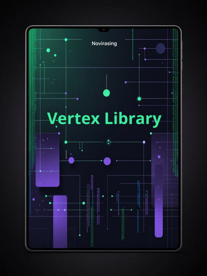 A tablet device centered on a dark background, displaying a digital cover titled 'Vertex Library' with glowing green and purple abstract line graphics and the word 'Novirasing' at the top.
